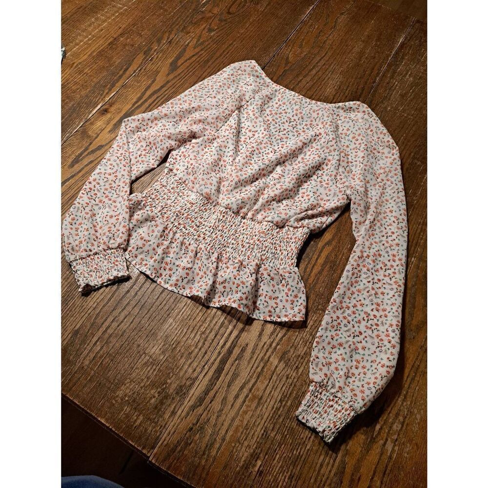 JAPNA Women's Medium V-Neck Floral Ruffle Hem Blouse Sheer Sleeves Pullover Boho - Picture 5 of 5